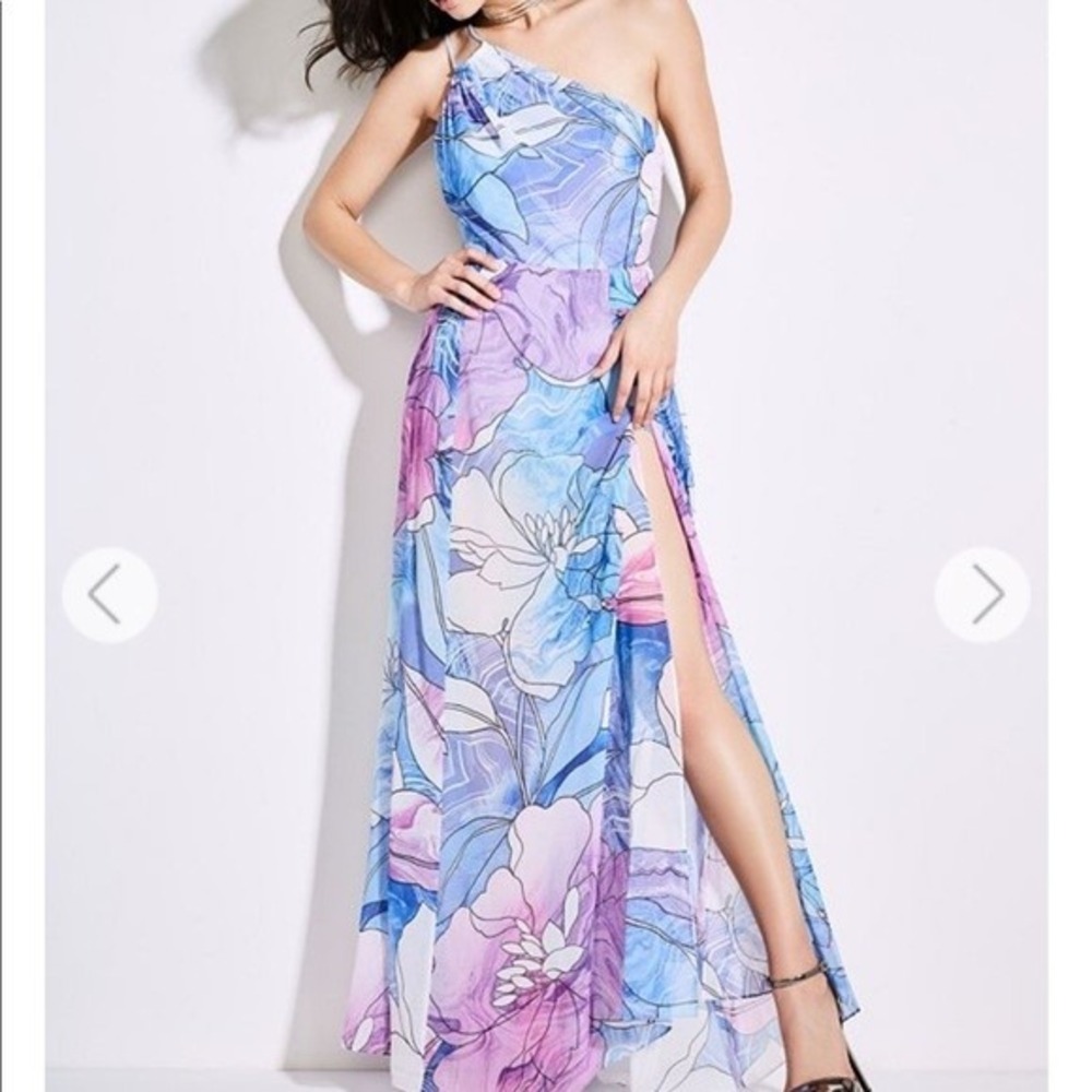 Marciano Guess Sheer Floral One Shoulder Maxi Dress Sz 2 Blue Tropical Vacation